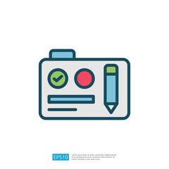 Poster - This image depicts a simple graphic representation of an identification card, featuring a checkmark, a colored circle, and a pencil, symbolizing verification or editing.