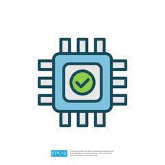 Poster - The image depicts a stylized microchip with a green checkmark, symbolizing technology and approval. It represents concepts like reliability and functionality in electronics.