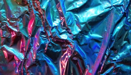 Aufkleber - Vibrant Iridescent Crumpled Foil Texture in Shimmering Blue and Pink Hues. Abstract Metallic Surface Ideal for Futuristic Backgrounds, Design Concepts, Digital Art, Event Graphics, and Branding Use
