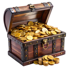 Open treasure chest full of gold coins on white background.