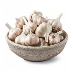 Wall Mural - Several garlic bulbs are piled into a rustic bowl, isolated on a white background