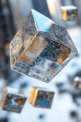 Poster - Floating transparent ice cubes with bubbles, surrounded by a serene winter atmosphere.
