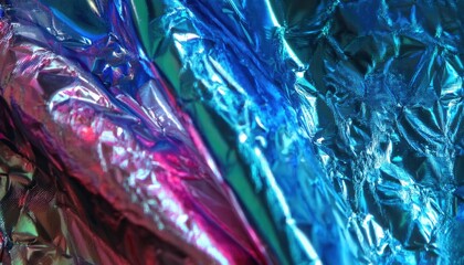 Aufkleber - Vibrant Iridescent Crumpled Foil Texture in Shimmering Blue and Pink Hues. Abstract Metallic Surface Ideal for Futuristic Backgrounds, Design Concepts, Digital Art, Event Graphics, and Branding Use