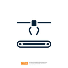 Poster - This image depicts a simple graphic of a robotic claw over a conveyor belt, symbolizing automation and industrial processes.