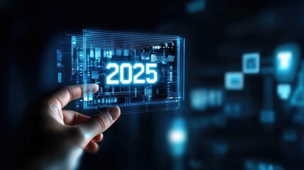 Poster - Hand interacting with a holographic 2025 display, representing future technology and innovation.