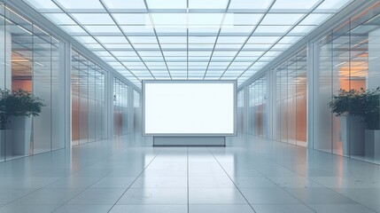 Fototapete - A large empty glass vitrine with white struts standing and a billboard white in a airport centre.