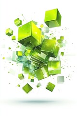 Poster - An explosion of green cubes in varying shades floats against a bright white background, creating a dynamic visual effect.