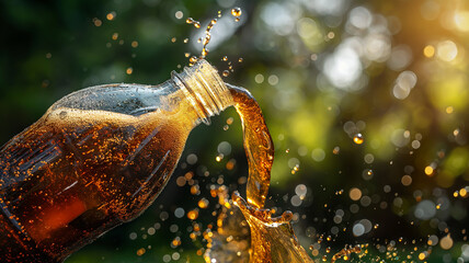 Poster - This Dark brown liquid splashes out of a bottle, sparkling in sunlight with droplets suspended in air.