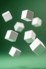 Poster - Floating white cubes against a vibrant green background, creating a dynamic and minimalist composition.