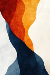 Poster - An abstract composition featuring flowing waves of orange, navy blue, and cream colors, creating a warm atmosphere.