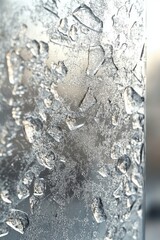 Poster - Close-up of intricate ice patterns on a window, showcasing a wintry aesthetic with shimmering droplets.