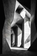 Poster - A striking architectural interior showcasing angular concrete structures and dramatic light shadows.