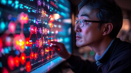 Poster - A man is looking at a computer screen with a lot of numbers and lines