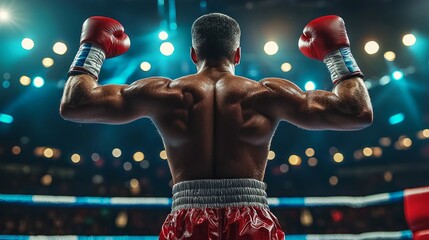 Wall Mural - A man in a boxing ring with his arms raised