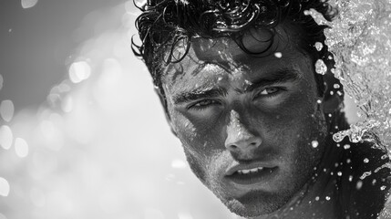 Poster - A man with curly hair is in the water