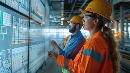 Poster - A group of construction professionals gathered around a large screen displaying key performance metrics for a project. They are standing in a meeting room on-site.