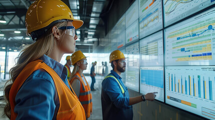 Poster - A group of construction professionals gathered around a large screen displaying key performance metrics for a project. They are standing in a meeting room on-site.