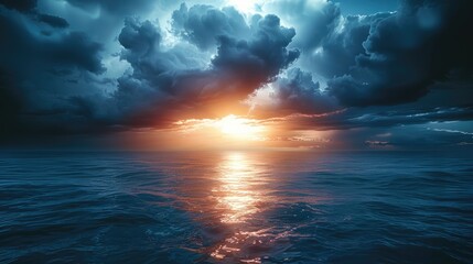 Poster - Beautiful stormy cloudy sky sunset, navy and blue reflections.