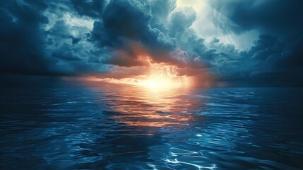 Poster - Beautiful stormy cloudy sky sunset, navy and blue reflections.