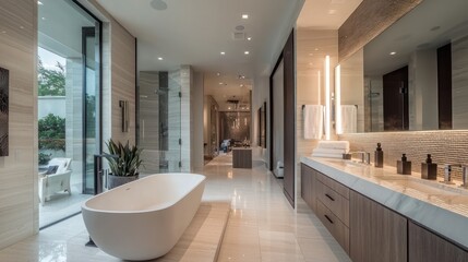 A contemporary minimalist bathroom with a luxurious soaking tub, modern faucets, and a sleek design.