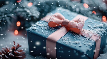Aufkleber - Beautiful blue gift box with a pink bow. Lies under the Christmas tree on snow. Snow falling.