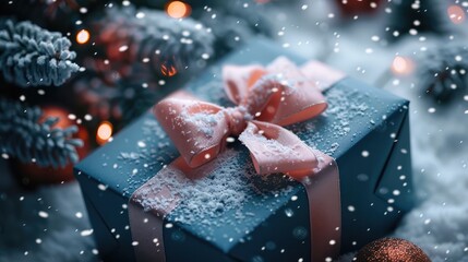 Aufkleber - Beautiful blue gift box with a pink bow. Lies under the Christmas tree on snow. Snow falling.