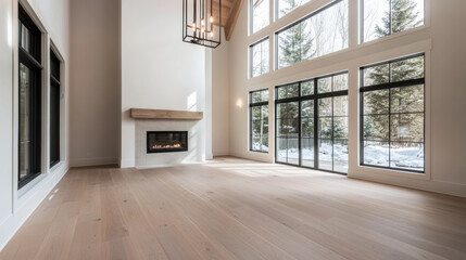 Poster - modern living space with large windows and minimalist design in a forest setting