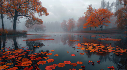 Poster - A lake surrounded by autumn trees, with red and orange leaves floating on the water surface. The sky is shrouded in foggy weather, creating an atmosphere of tranquility and mystery.