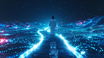 Fototapete - This person in a white robe walks along a glowing digital path surrounded by vibrant lights and data.