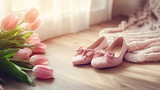 Pink shoes with bows and tulips on wooden floor