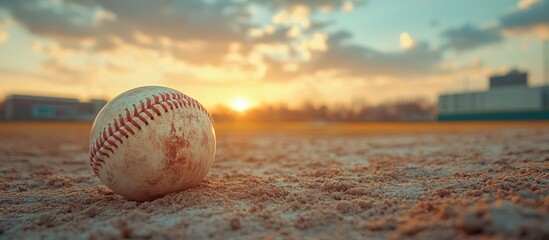 Wall Mural - Sunset over baseball field with used ball.