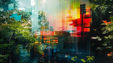Abstract digital art depicting nature through a distorted glass window.