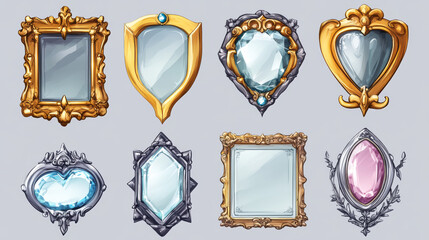 Poster - Empty circle silver and gold frames in medieval style for game ui design. Vector cartoon set of user interface elements with metal border with gems isolated on background