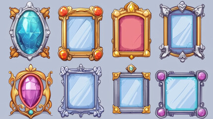 Poster - Empty circle silver and gold frames in medieval style for game ui design. Vector cartoon set of user interface elements with metal border with gems isolated on background