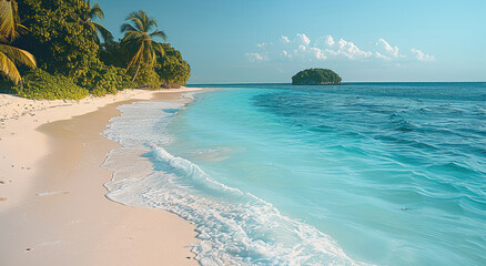Aufkleber - A pristine white sandy beach with turquoise waters gently lapping at the shore.