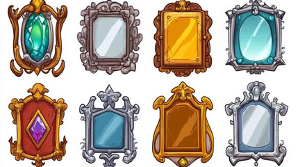 Poster - Empty circle silver and gold frames in medieval style for game ui design. Vector cartoon set of user interface elements with metal border with gems isolated on background