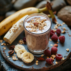 Canvas Print - A healthy breakfast with a banana, protein. bar and smoothie.