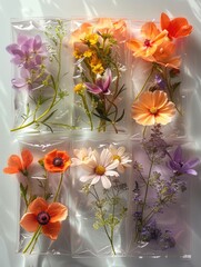Poster - Set of isolated translucent levitating plastic pockets with flowers, top view.