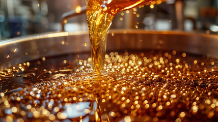 Poster - this dark soda streams into a large container, highlighting the production process at a bustling fac