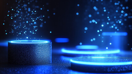 Poster - Futuristic hologram platforms with blue glowing neon lights, sparkling particles rising upward from circular bases. Sci fi pedestals with beams and floating dots for product display presentation