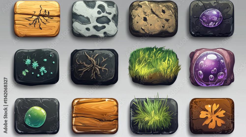 Marble Button Vector Round buttons with wooden, metal, rock and black marble textures for ui ...
