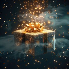 Poster - A beautifully wrapped Christmas gift box slightly opened descending from heaven with a bright light coming from inside the box.