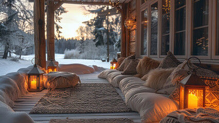 Poster - A charming winter retreat with a beautifully decorated porch, complete with plush cushions, glowing lanterns.