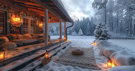 Poster - A charming winter retreat with a beautifully decorated porch, complete with plush cushions, glowing lanterns.