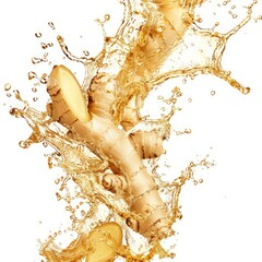 Poster - Fresh ginger root pieces and slices falling into splashing juice on white background