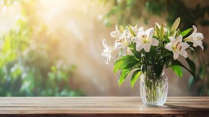 Poster - A photograph showcasing an elegant glass vase filled with fresh white lilies placed at the center of a minimalist wooden dining table creating a serene and refined atmosphere