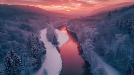 Poster - Aerial view of the frozen river in winter, surrounded by white snow and a red sunset sky, with dense forests on both sides. The trees, covered thickly under heavy snow.