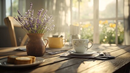 Poster - a clean and balanced shot of a farmhouse style dining table featuring a rustic vase with fragrant la