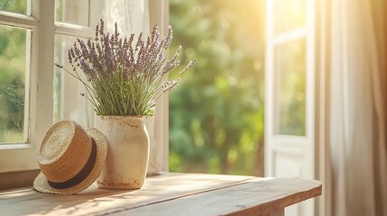 Poster - A clean and balanced shot of a farmhouse style dining table featuring a rustic vase with lavender stems under soft morning light creating a cozy and inviting atmosphere