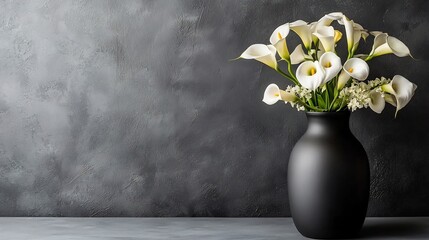 Poster - Elegant and Minimalistic Image of a Sleek Black Vase Filled with Beautiful White Calla Lilies Placed on a Dining Table Against a Modern Interior Background